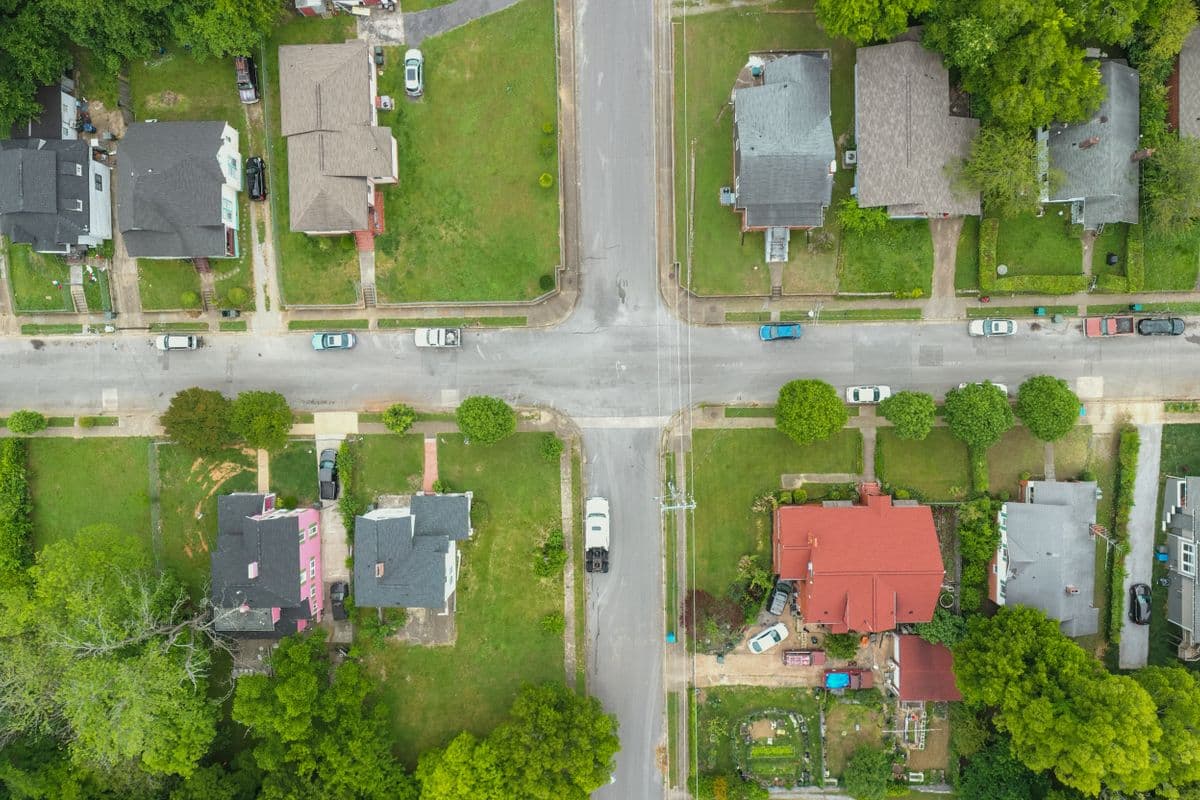 An aerial view of a suburban neighborhood
